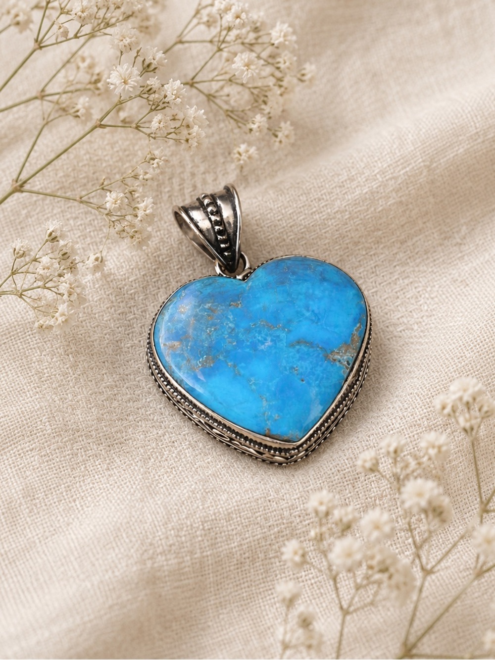 Turquoise Gemstone Heart 1.8” Silver Pendant#27